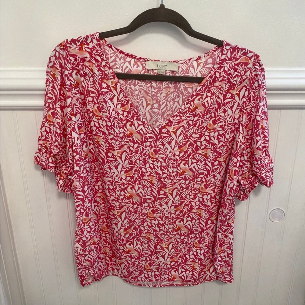 LOFT Pink and White Floral V-Neck Blouse